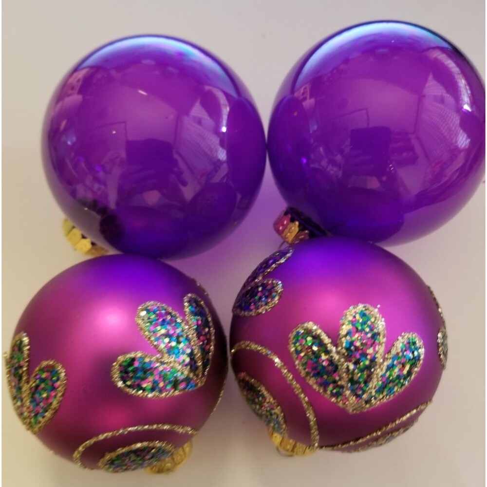 Vintage Glass Ornaments 2 Embellished Sparkle & 2 Clear G&B Crown Top Fuchsia